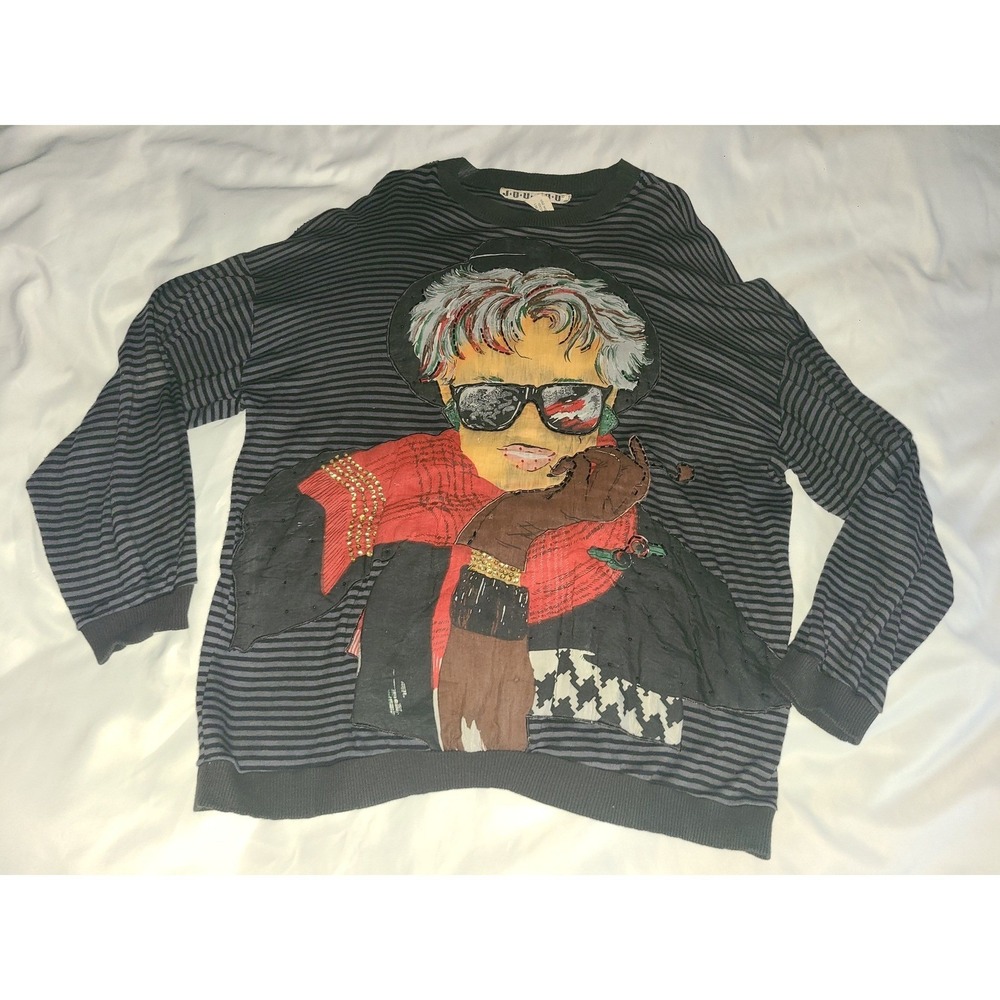 Joujou Vintage Graphic Sequin Embellished Striped Sweater One Size Fits All